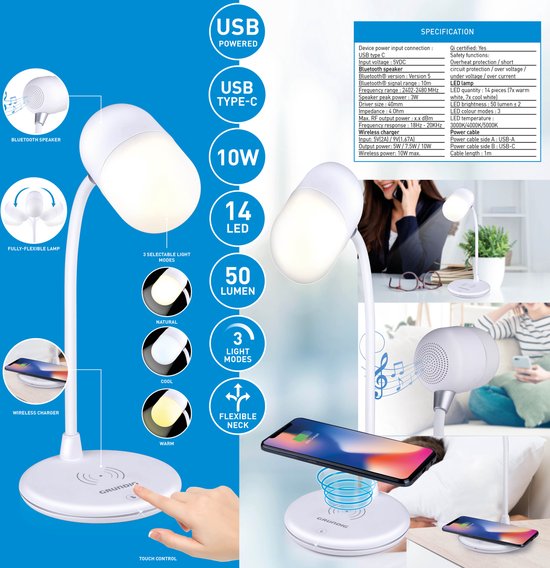 Grundig Schreibtischlampe Led 3-in-1 - kabelloses Handy-Ladegerät mit Qi-Technologie - Bluetooth-Lautsprecher - Leselicht - Weiß