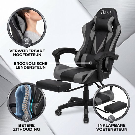 Bayt Gaming-Stuhl – Gaming Chair – Gaming-Stuhl – Ergonomischer Bürostuhl – Verstellbar – Schwarz und Grau