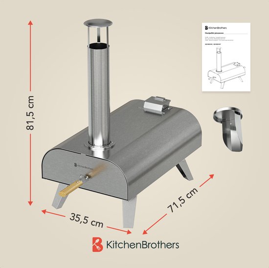 KitchenBrothers Pizzaofen - Holzbefeuert - Tischplatte - klappbar - Pizzastein - bis zu 460°C - Edelstahl - Komplettset - Pizzaofen für draußen - Edelstahl