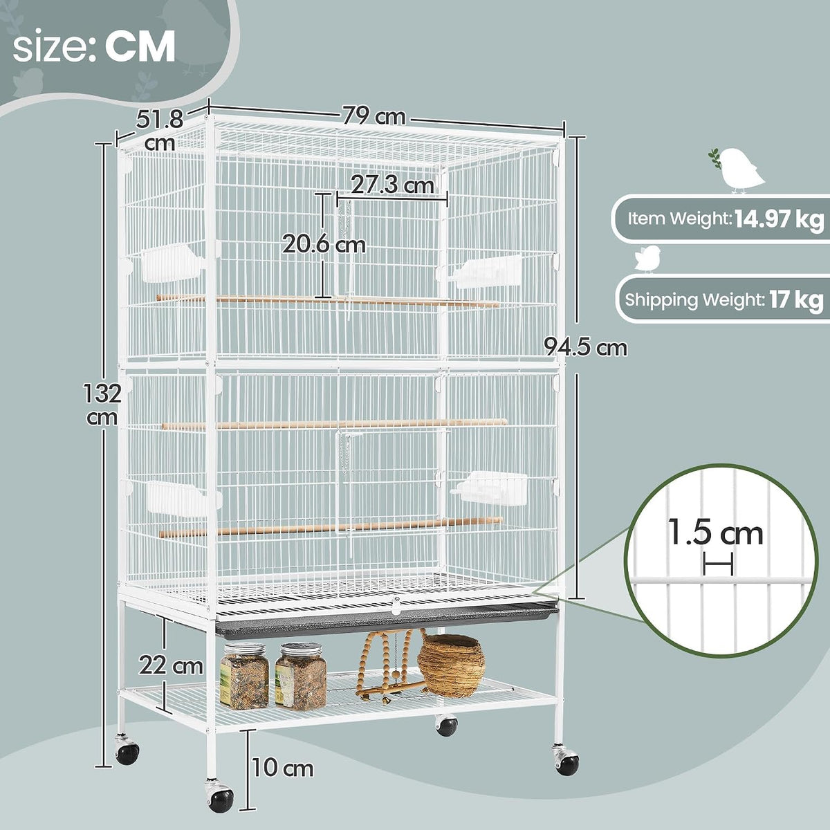 Yaheetech Vogelkäfig mit Ständer – 79 × 51,8 × 132 cm – Weiß – Sittichkäfig mit Rollen, 3 Sitzstangen aus Holz und 4 Futternäpfen