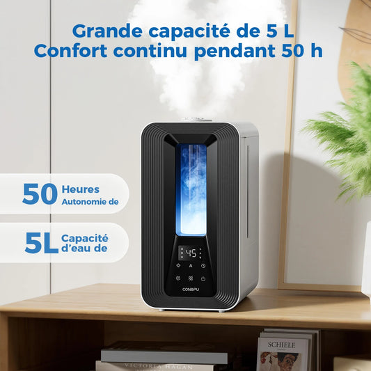 Conopu Ultraschall-Luftbefeuchter 5 l – Intelligente Feuchtigkeitsregelung – 360°-Sprühdüsen – Aromadiffusor – LED-Stimmungsbeleuchtung – Schwarz – 170 × 240 × 327 mm