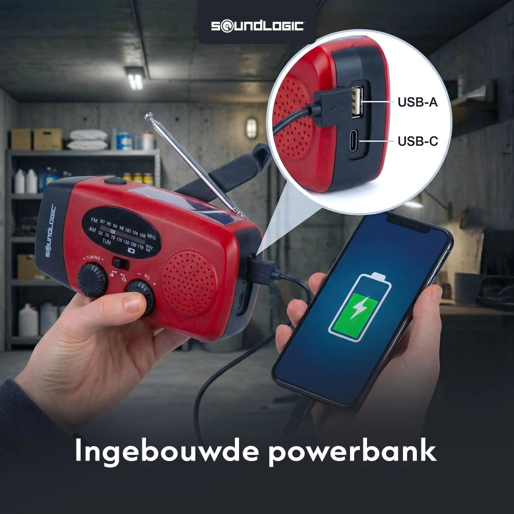 Soundlogic Solar-Notfallradio mit Handkurbel – Powerbank 2000 mAh, Taschenlampe und SOS-Funktion – Rot – 13 × 4,7 × 6,6 cm