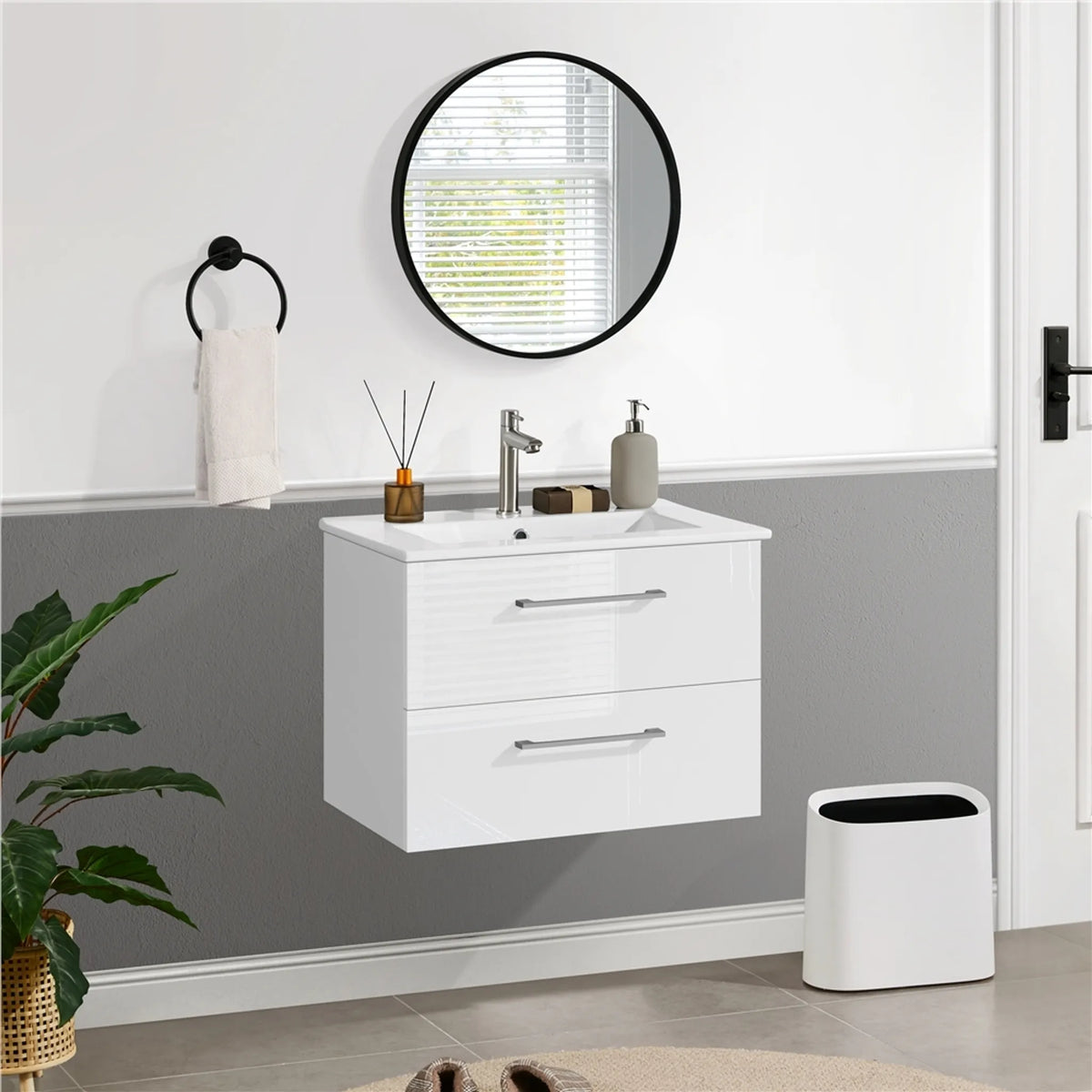 Yaheetech Hängender Waschtischunterschrank mit Keramikwaschbecken – 2-teilig – 61 x 39,5 x 45,5 cm – Weiß