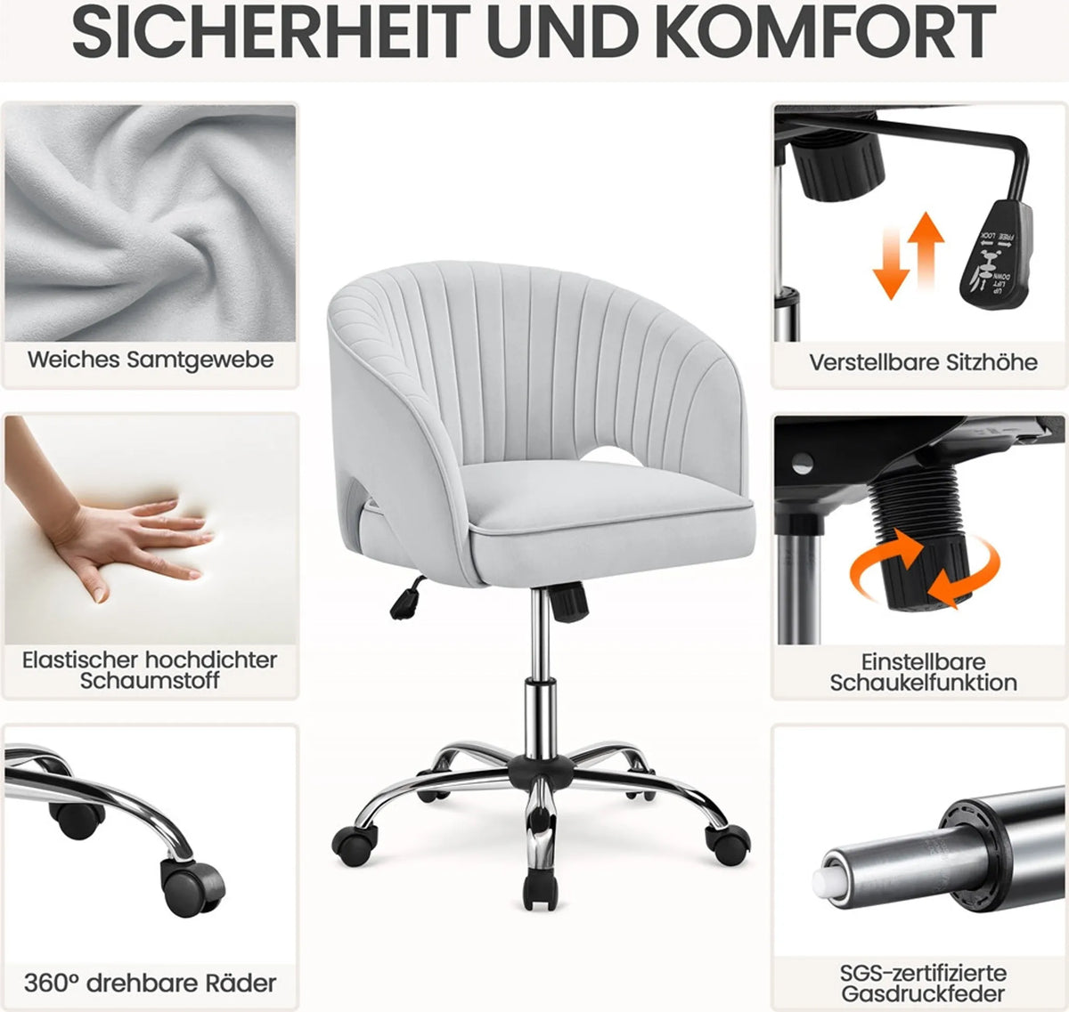 Yaheetech Bürostuhl Sessel - 60 x 56,5 x 73-83 cm - Mit samtig weicher Polsterung und verstellbarer Sitzhöhe und entspannender Schaukelfunktion - Für Büro und Empfangshalle - Hellgrau Polyester und Metall