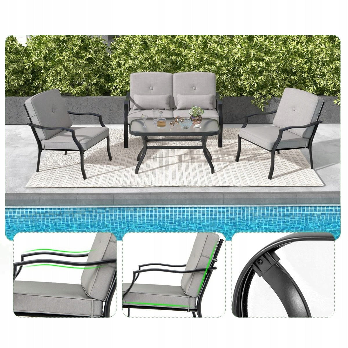 Coast Gartenmöbel-Set, 4-teilig – Sofa, Tisch und 2 Sessel – Grau