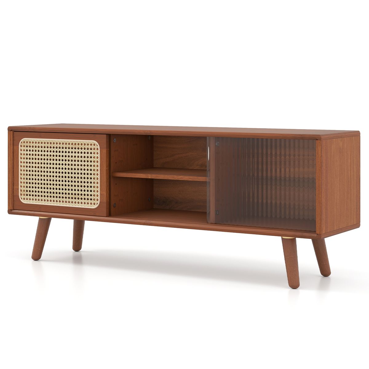 Coast TV-Möbel – Bambus mit Schilf und Glasschiebetür – verstellbares Regal – braun – 120,5 x 31 x 45,5 cm