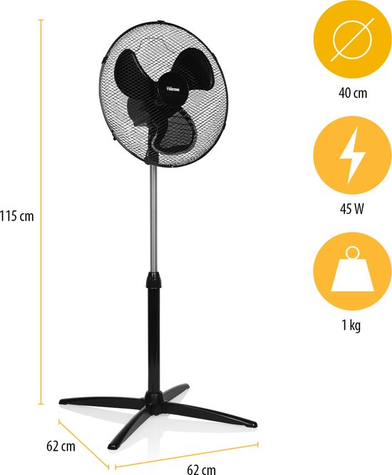 Standventilator 40 cm - 45W - 3 Geschwindigkeiten - 85° Oszillation - Höhenverstellbar - Tristar VE-5756 - Schwarz