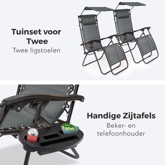 LifeGoods Faltbare Gartenstühle - mit Sonnendach - Verstellbarer Sonnenschirm - 2 Stück - 30Â°-90Â° verstellbar - Metall - Dunkelgrau