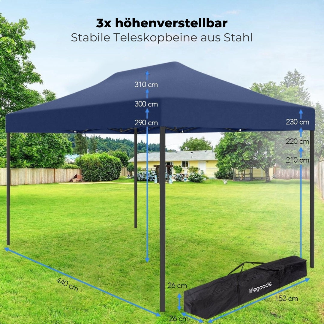 LifeGoods Partyzelt - Pavillon - 3x4,5 m - leicht aufbaubar - faltbar - wasserdicht - Tragetasche mit Rädern - dunkelblau