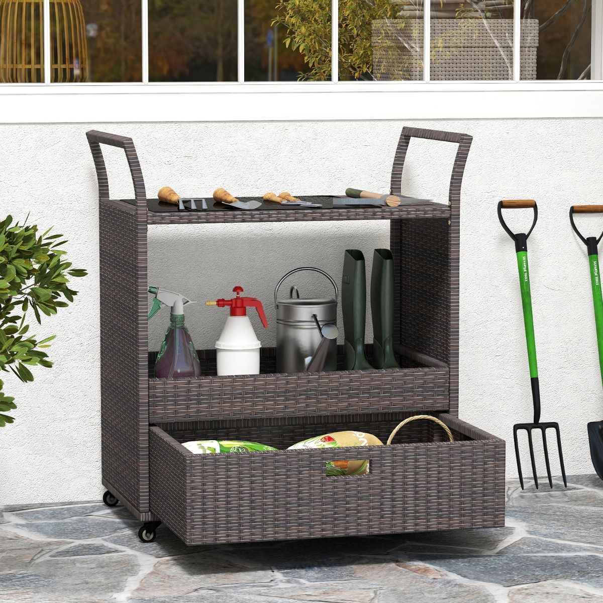 Coast Barwagen aus Korbgeflecht – mit Platte aus gehärtetem Glas – große Schublade und offenes Regal – braun – 85 x 47 x 92 cm