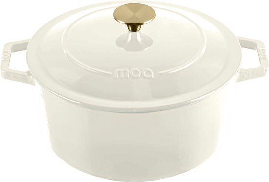 MOA Gusseisen-Kasserolle - 5,7L - Für alle Wärmequellen inkl. Induktion - Mit Deckel - Ø 26cm - Antihaftbeschichtung - Weiß