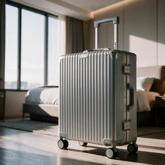 TRVLMORE Premium-Reisekoffer, mittelgroß – 65 x 43 x 26 cm – 360°-Spinner-Rollen – Doppeltes TSA-Zahlenschloss – Polycarbonat – Ohne Reißverschluss – 72 Liter – Silber