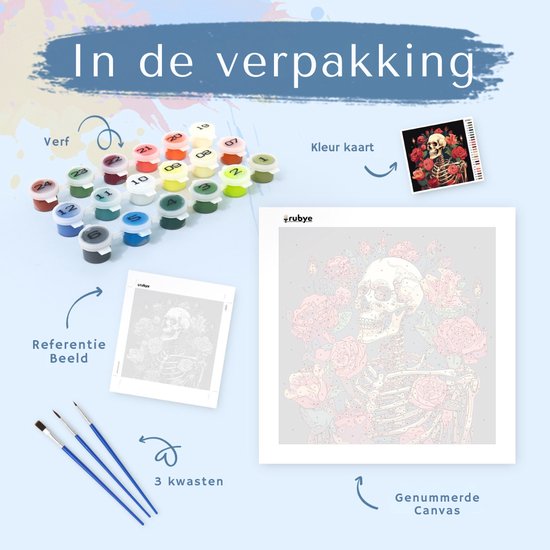 Rubye® Malen nach Zahlen Erwachsene - Malen nach Zahlen Kinder - Skelett & Rosen - Inklusive Farbe und Pinsel - Leinwand Malerei Leinwand - Farbe nach Zahlen - 30x30cm