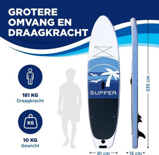 Supper Sup Board XL - Max. 180KG - Aufblasbar - Paddle Board - Verstellbares Paddel - Wasserdichte Handyhülle - Sitz - Pumpe - Flosse - Leash - Tragetasche - 335 x 81 cm