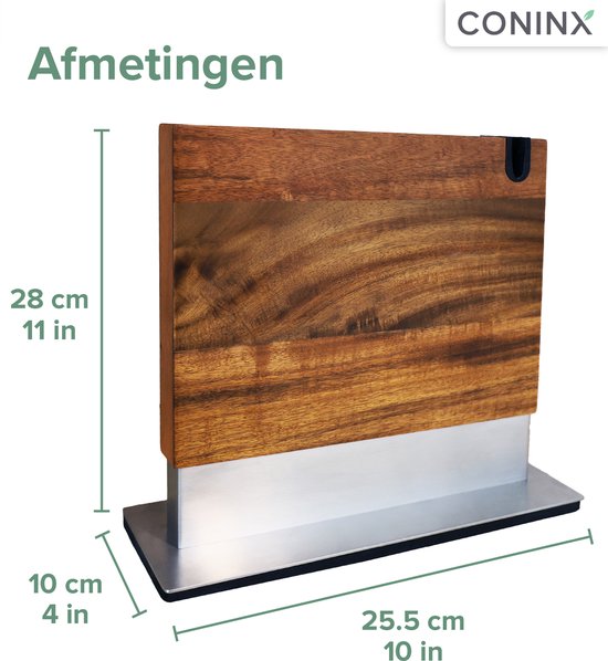 Coninx Vertico Messerblock, magnetisch – Messermagnet mit Messerschärfer – Sockel aus Edelstahl – beidseitiger Magnet – Messerblock ohne Messer – Edelstahl / Akazienholz