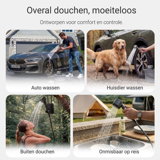 Wiederaufladbare Campingdusche mit 2 Wasserfiltern – 24 Duschen – 3 Einstellungen (Nebel, Normal, Voll) – Außendusche für Camping, Hunde, Auto, Fahrrad und Wohnmobil – FLOAT Oasis