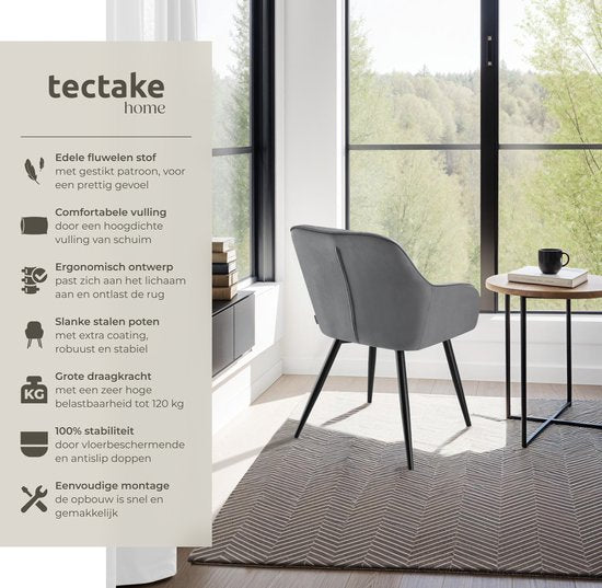 tectake® – Samtstuhl mit Steppmuster – Moderner Esszimmerstuhl – Schalensessel – Für Wohnzimmer, Esszimmer, Lounge oder als Frisiertischstuhl – Verschiedene Farben – Grau/Schwarz