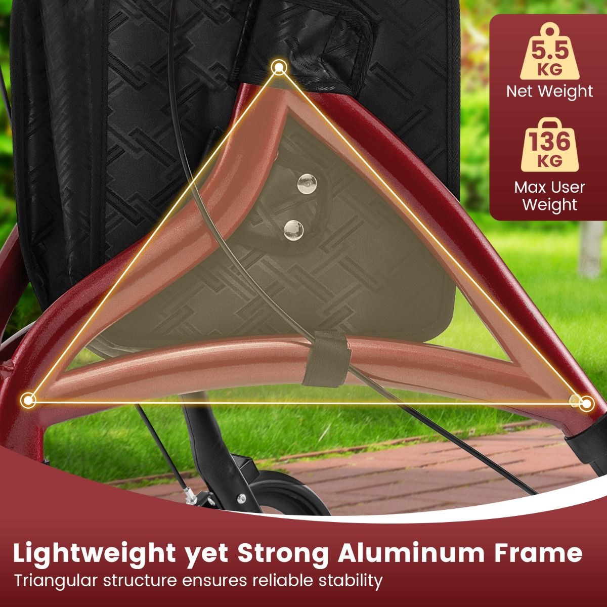coast walker for seniors - Faltbarer Rollator Rot - Aluminiumrahmen - 78x67.5x86-96 cm - 20 cm Räder
