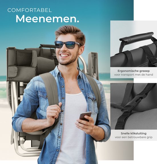 tectake® Beach Chair Coral - faltbarer Campingstuhl mit Kühltasche und Aufbewahrungstasche - 5-fach verstellbare Rückenlehne mit Kopfkissen - breite Armlehnen mit Becherhalter / Telefonhalter - faltbarer Campingstuhl - Grau