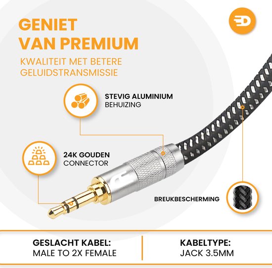 Drivv. Premium Audio Splitter - AUX - Jack Splitter - Audio Splitter 3.5 mm Jack - Stecker zu Buchse - Grau