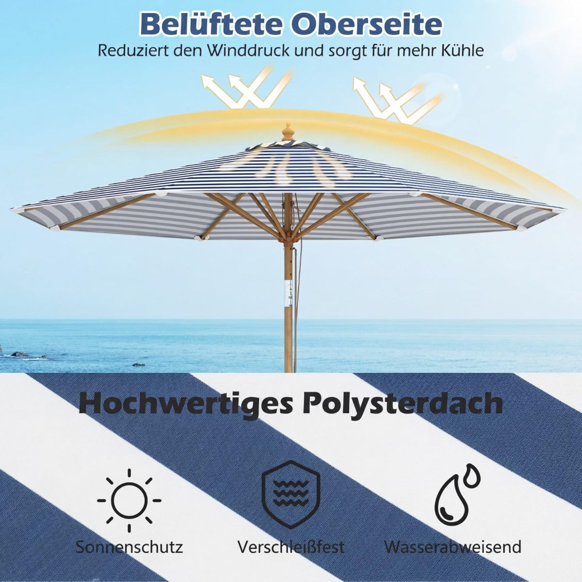 Coast Holz-Sonnenschirm 270 cm – blau-weiß gestreift