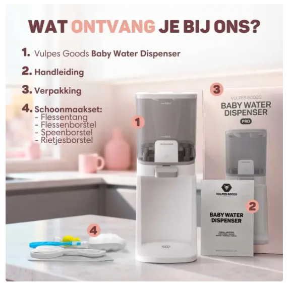 Vulpes Goods® Baby-Wasserspender Pro - 1,6 Liter - Mit 3 Temperatureinstellungen und LED-Anzeige - Einhandbedienung - Für Flaschennahrung und Tee - Weiß/Hellgrau