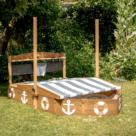 AXI Dora Boot Sandkasten mit Spielküche und Dach (UV50) 160 x 100 cm Anthrazit/Braun – Mit Kreidetafel und Stauraum – Inklusive Bodenplane – 10 Jahre Garantie!