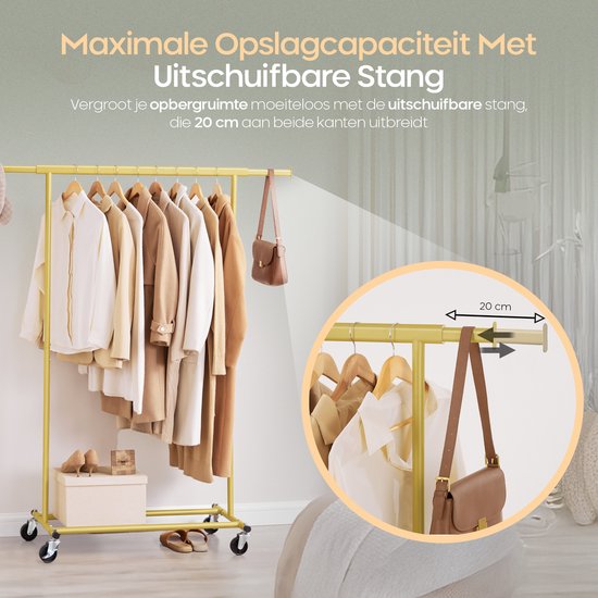 O'DADDY® Kleiderständer auf Rädern - Kleiderständer - Verstellbarer Kleiderständer - Ausziehbarer Kleiderständer - Stabil bis zu 90 kg - Aufbewahrungsständer - Gold - 160 cm