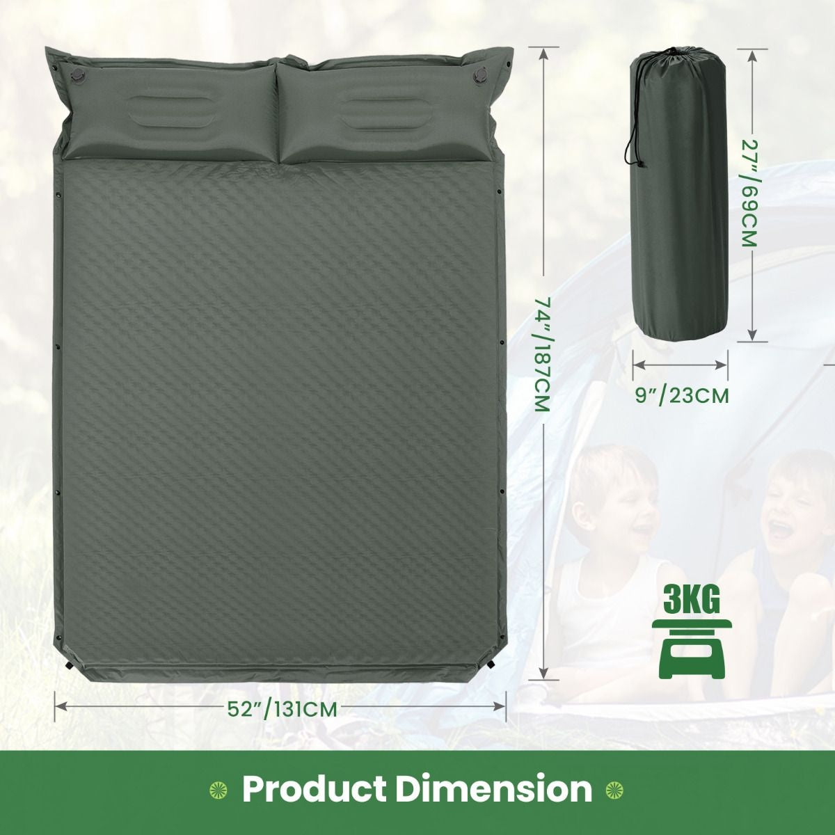 Coast Campingmatte 2-Personen - Selbstaufblasend - Wasserdicht - 187 x 69 x 4 cm - Grün