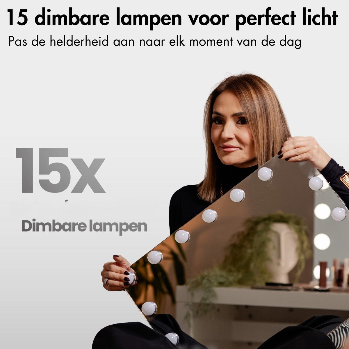 Sansbeauté® Hollywood Mirror 58x43 cm - Make-up-Spiegel - 15 LED-Lampen - 10-fache Vergrößerung - dimmbar - USB-Ladeanschluss - Touch Control - Schwarz