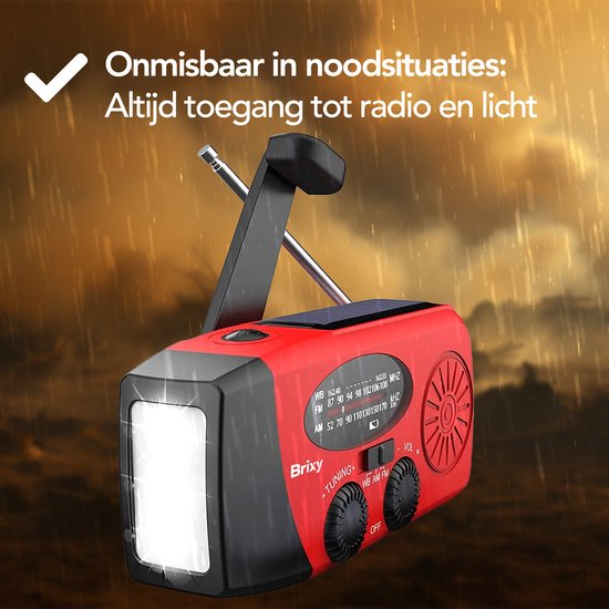 Brixy Emergency Radio - Radio mit Batterie für Notfälle - Aufziehbar - Solar - Taschenlampe - Powerbank - Rot