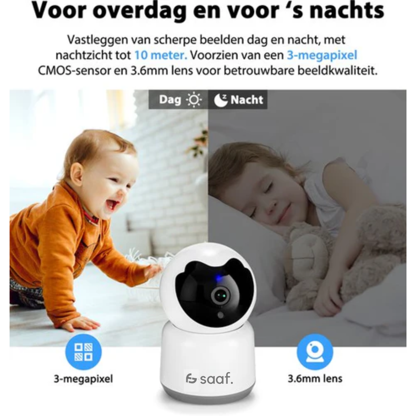 SAAF Sicherheitskamera - Für Innenräume - Mit Nachtsicht - Wifi und 64GB SD - Full HD - Tuya Smart - Weiß