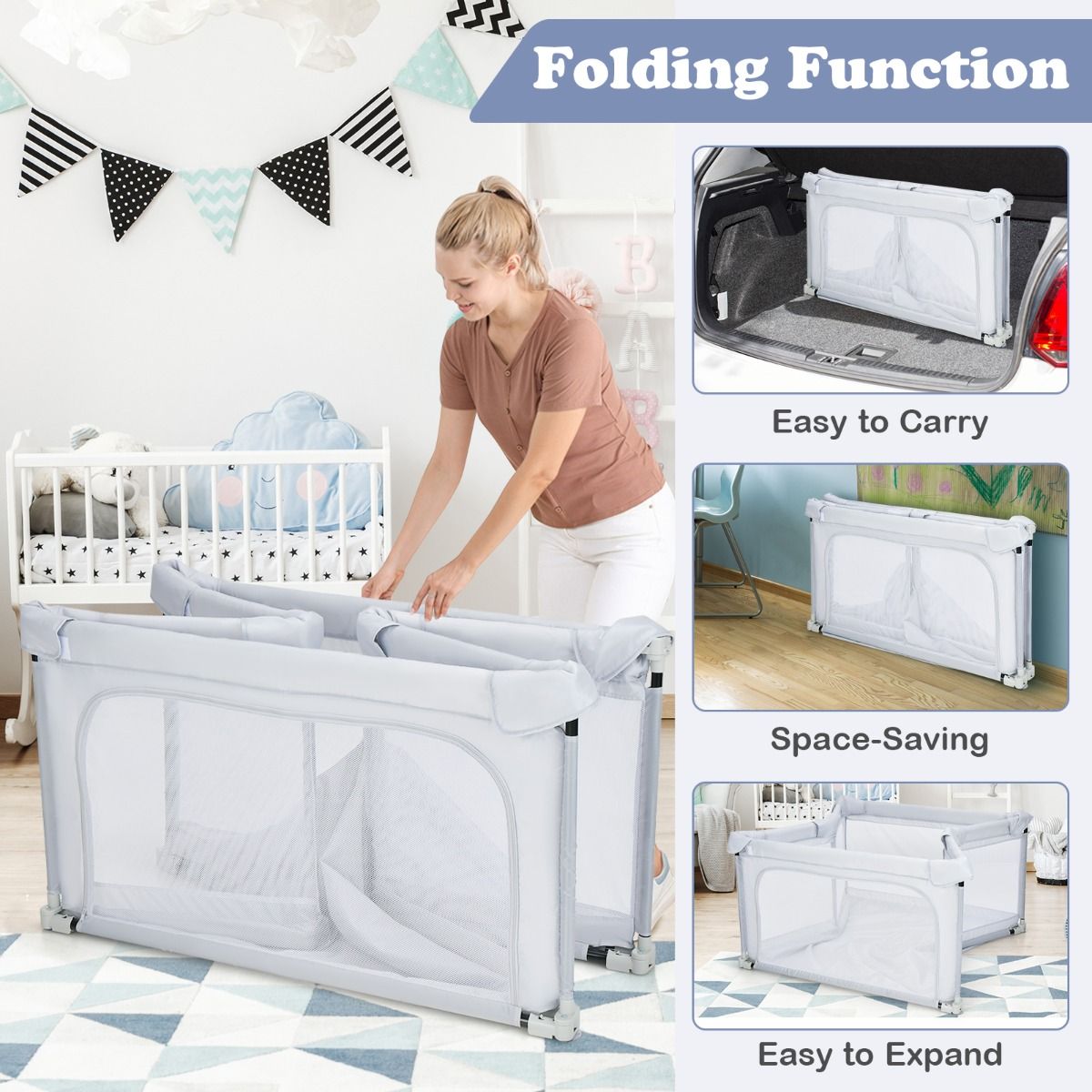 Coast Faltbare Babybox 124x124x70 cm Grau mit 50 Ozeanbällen und 4 Griffen - Oxford-Gewebe, atmungsaktives Mesh