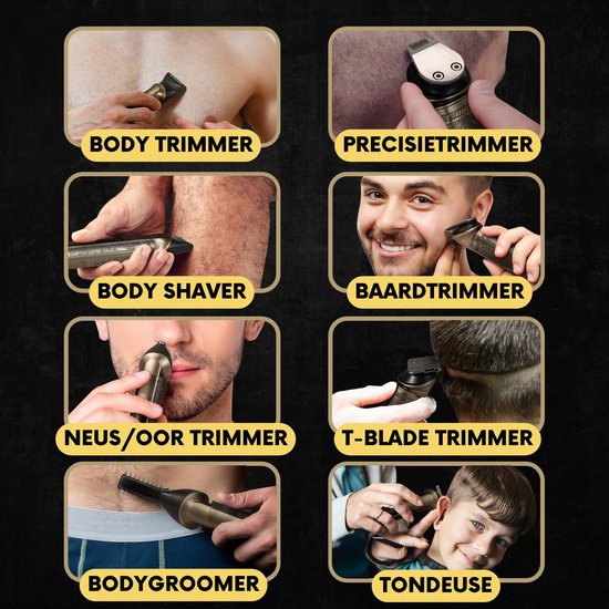 8-in-1 Bartschneider Herren + Reisetasche - Trimmer für Bart und Körper - Inkl. 8 Aufsätze - Body Groomer Herren - Body Trimmer Herren - Haartrimmer - Clippers - 0.5-15MM - Nase und Ohren - Trimmer - Bartmaschine - Multigroomer