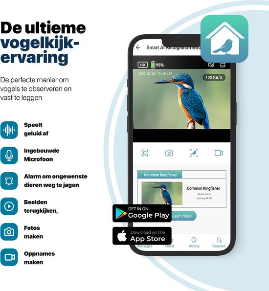 BOME Vogelhäuschen – Doppelte 2K-HD-Kamera – Futtersilo – KI-Vogelerkennung – Mit Solarmodulen