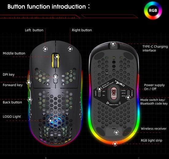 HXSJ T90 2.4G Wireless Gaming Mouse - Bluetooth - Computermäuse - Ultraleicht - RGB-Beleuchtung - Schwarz