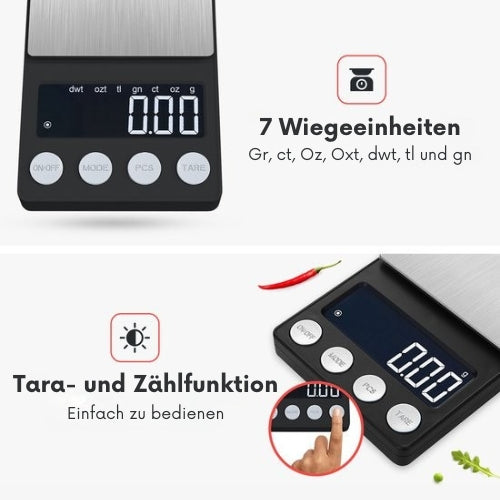 Kitchenwell - digitale Mini-Präzisionsküchenwaage - batteriebetrieben - 0,01 bis 200 Gramm - 14,2 x 7,5 cm