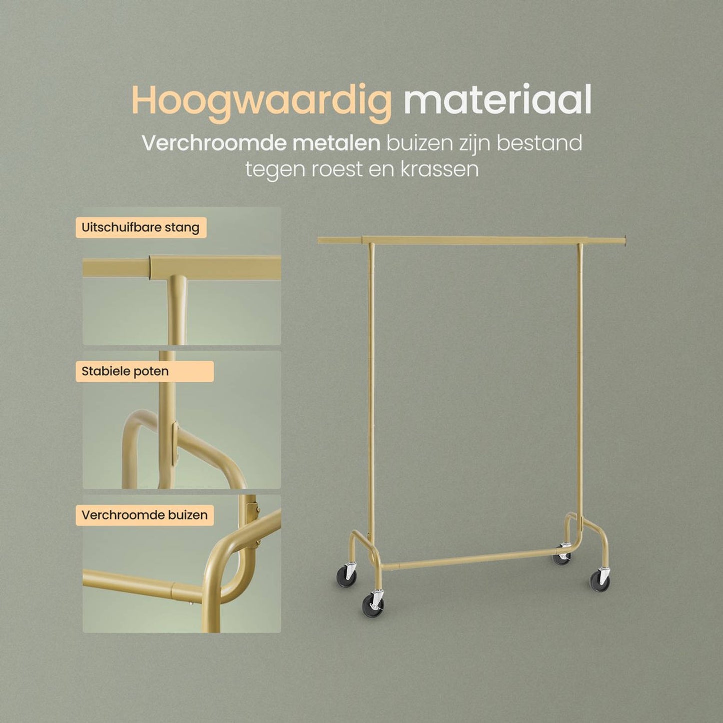 O'DADDY® Kleiderständer auf Rädern - bis zu 130 kg Kapazität - Edelstahl - 45 x 150 x 162,8 cm - Gold