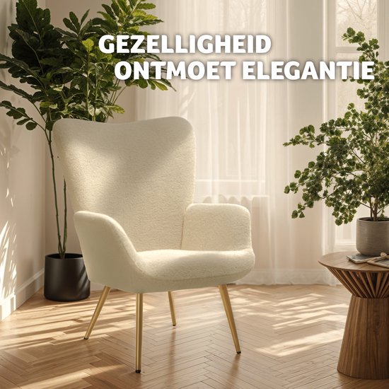 tectake Ohrensessel im skandinavischen Stil - Teddy Chair Hygge - Sessel für Wohnzimmer, Schlafzimmer - Loungesessel - Goldfarbene Metallbeine - Belastbarkeit bis 150 kg - Creme