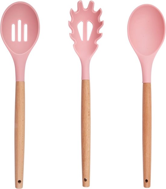 alpina Küchenutensilien-Set mit Halter – 12-teilig – Silikon-Utensilien mit Holzgriff – Rosa