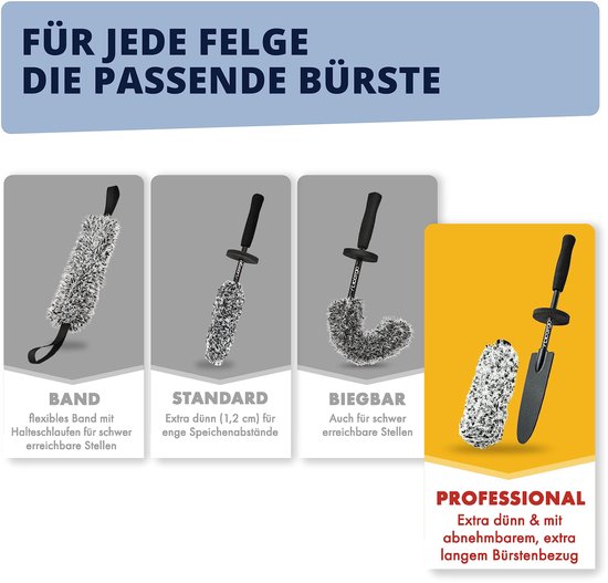 Mikrofaser-Felgenbürste, extra dünn, mit abnehmbaren Borsten, für eine schonende Reinigung bis tief in das Felgenbett hinein, ideal für hochwertige Felgen, Radbürste