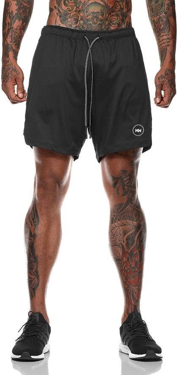 MWÂ¬Ã† - Sporthosen Herren - Fitnesshosen - Sportbekleidung - 2 in 1 Shorts - Laufhosen (Schwarz - M)