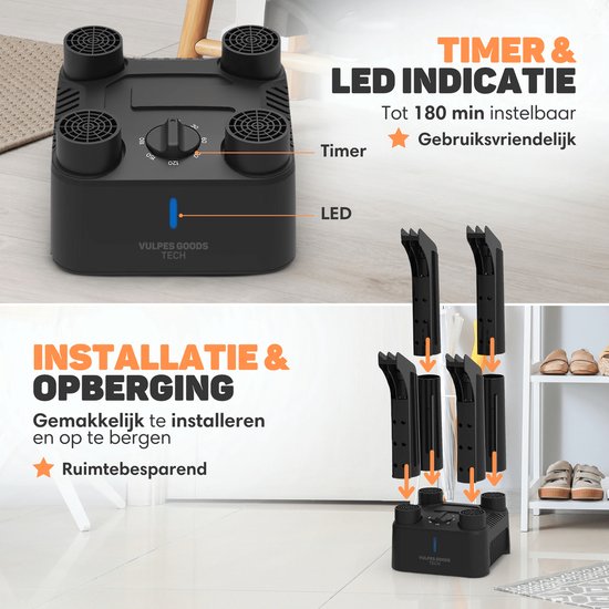 Vulpes Goods® Tech - Schuhtrockner & Schuherfrischer mit Timer - 4-in-1 - Handschuhtrockner - Trocknungsgerät - Trocknungsfunktion - Inkl. 10x Duftfresser - PRO MAX