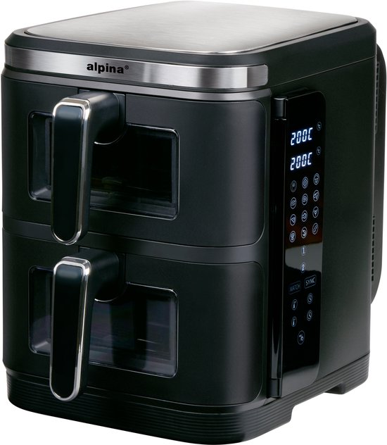 alpina Airfryer XXL - Doppel-Luftfritteuse 11L - Heißluftfritteuse 2 Körbe - Doppelt gestapelt für 8 Personen - Klappbares Display - Timerfunktion bis zu 60 Minuten - Temperatur 60-200°C - Schwarz