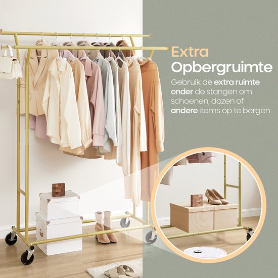 O'DADDY® Kleiderständer auf Rädern - Kleiderständer - Kleiderstange - Verstellbar und ausziehbar - Industrielle Rollen - Metall - Stabil bis 110 kg - Gold