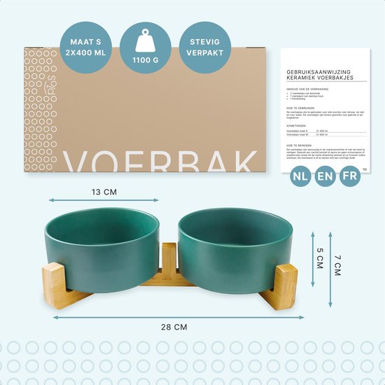 Fressnapf Katze und Hund Keramik - Fressnäpfe doppelt mit Ständer - Trinknapf - 2x 400 mL - Grün Matt