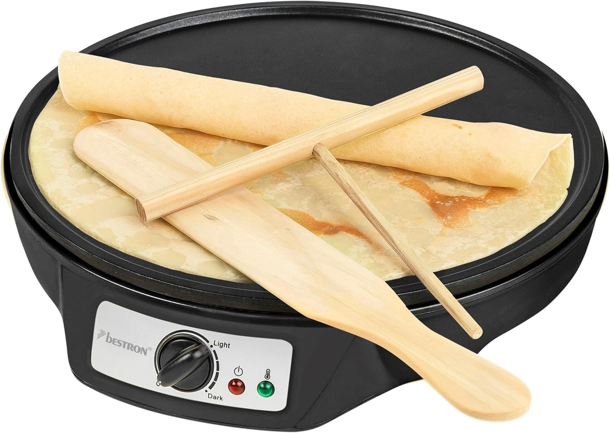 Bestron Crêpes-Pfanne Ø 30 cm – Crêpes-Pfanne mit Teigverteiler und Crêpes-Spatel – Antihaftbeschichtung – 1000 Watt – Schwarz