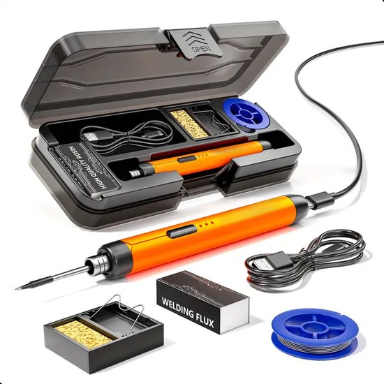 Tech Essentials Kabelloses Lötkolben - 8W - USB-C - Mit Dose - Kit - Feinlöten - Stift - Batterie - Lötset - Löten - Elektrowerkzeug - Orange