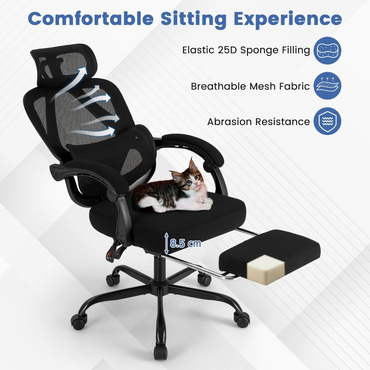Coast Ergonomischer Bürostuhl – verstellbare Rückenlehne und Kopfstütze – ausziehbare Fußstütze – schwarz