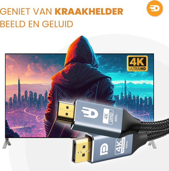 Drivv. Premium Displayport zu HDMI Kabel - 4K 60hz - Nylon - 2 Meter - Grau